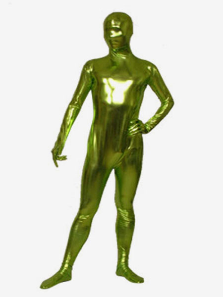 Image of Carnevale Zentai metallizzato collant per adulti completo verde tinta unito in gomma metallizzata tuta unisex Halloween