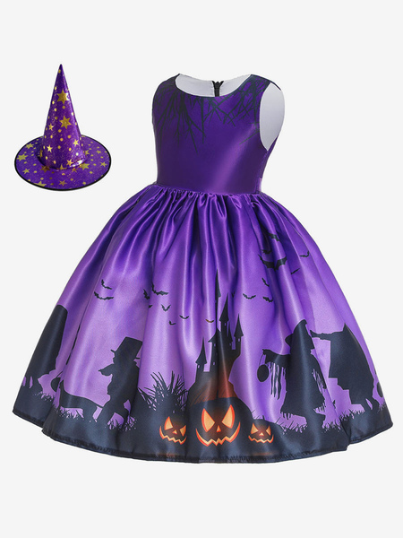 Image of Costume Halloween per Bambini Costumi di Halloween per bambini Stampa Skater Dress viola per bambini Costume Carnevale Costume Halloween