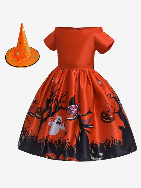 robe patineuse pour enfants robe imprimée fille avec chapeau costume déguisements halloween princesse orange rouge