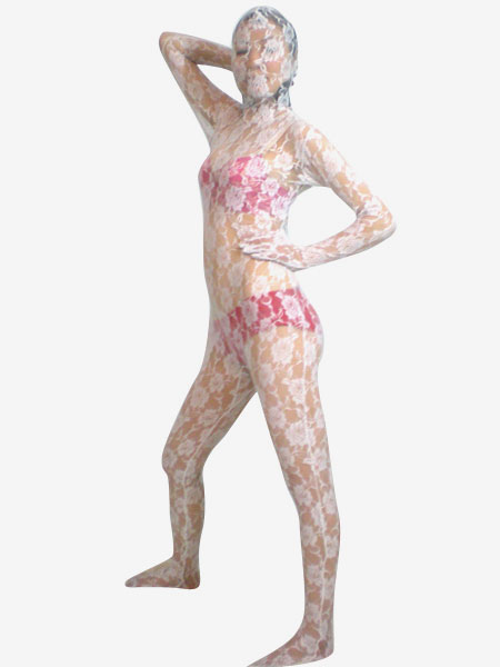 Image of Carnevale White Velvet Lace Trasparente Suit Zentai Halloween