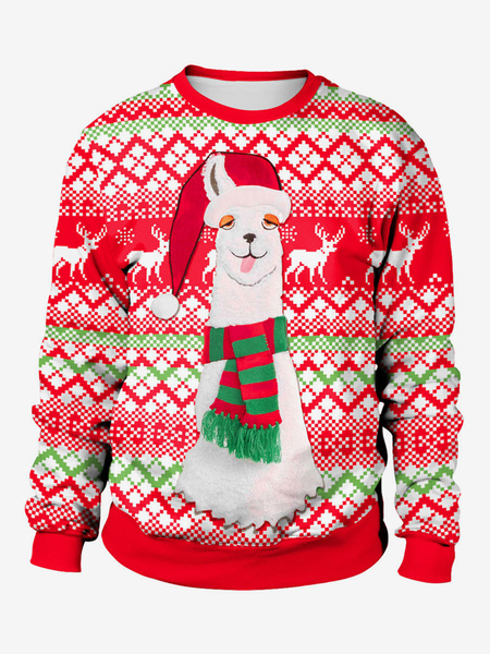 Image of Carnevale Brutto maglione di Natale Top a maniche lunghe girocollo con motivo a renna di Natale rosso Halloween