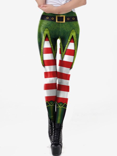 Image of Carnevale Leggings natalizi da donna Pantalone attillato verde natalizio con stampa dell&#39;albero di Natale Halloween