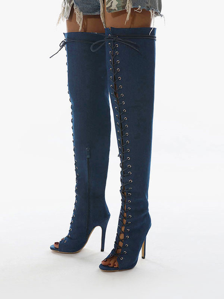 Image of Stivali sopra il ginocchio da donna Stivali alti alla coscia con lacci blu in tessuto elastico con tacco a spillo