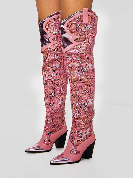 Image of Stivali western da donna Stivali a punta con motivo serpente Stivali sopra il ginocchio Stivali alti alla coscia con tacco grosso in pelle