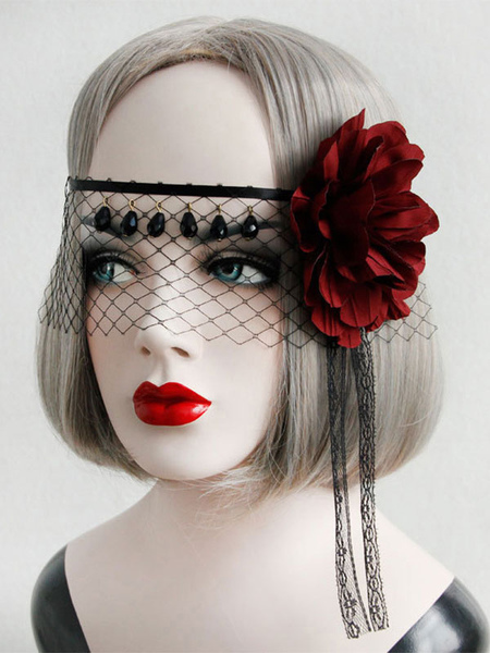 Image of Gothic Lolita Headdress Flower Net Lace Jewel Bead Black Lolita Veil