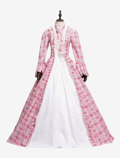 Image of Costume retrò di Halloween Abito rosa Abito da ballo in stile rococò stampato abito manica lunga vintage