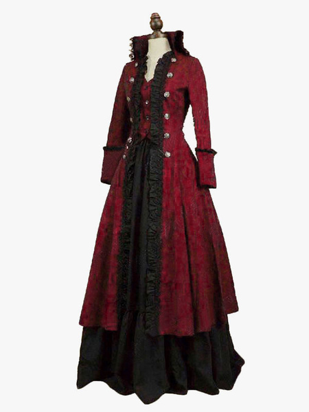 Image of Borgogna Costumi retrò Ruffles Poliestere Stampa floreale Costume da Maria Antonietta Abito Tunica retrò da donna Costume del XVIII secolo
