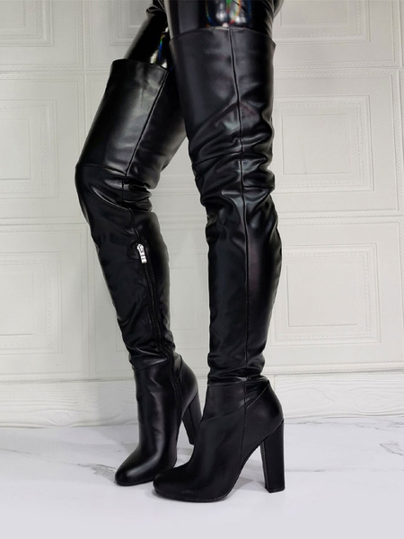 Image of Stivali alti alla coscia da donna Stivali sopra il ginocchio con tacco grosso in pelle PU nera