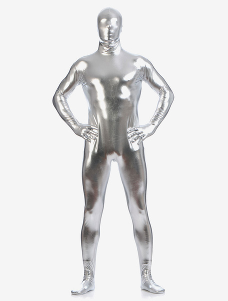 Image of Carnevale Tuta Zentai metallizzata lucida argento per uomo Halloween Full Body adulto Halloween