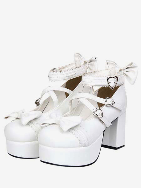 Image of Bianco grosso tacchi quadrati Lolita scarpe piattaforma caviglia cinturino cuore forma fibbie archi