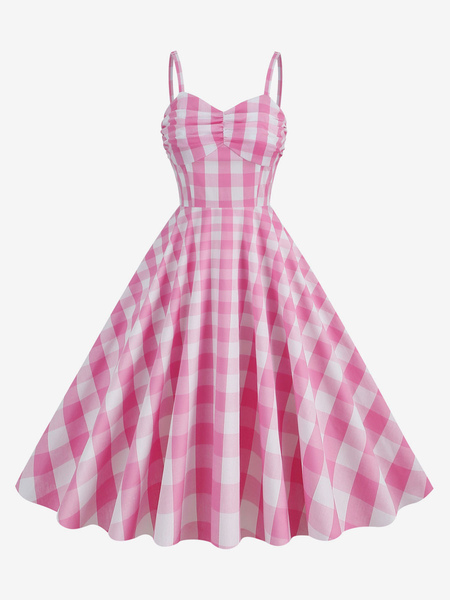 Image of Barbie Pink Gingham Dress Abito vintage scozzese con cinghie pieghettate anni &#39;50