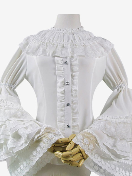 Image of Camicia Lolita bianca in Chiffon con maniche in rilievo e maniche lunghe in lycra