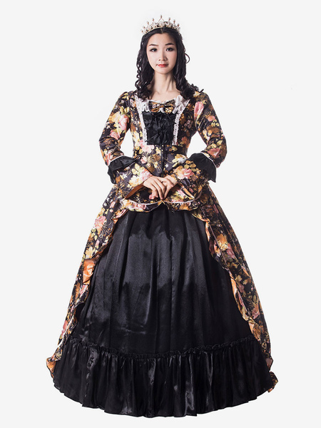 Image of Carnevale Black Retro Costumes Women Floral Print Bows Vestito da spettacolo in raso satinato stile epoca vittoriana Costume Halloween