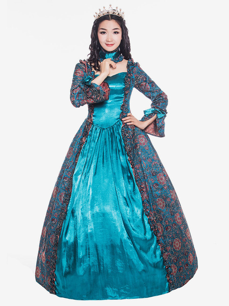 Image of Carnevale Donne retrò costumi in raso opaco stile vittoriano stampa floreale abito ciano blu abbigliamento vintage Costume Halloween