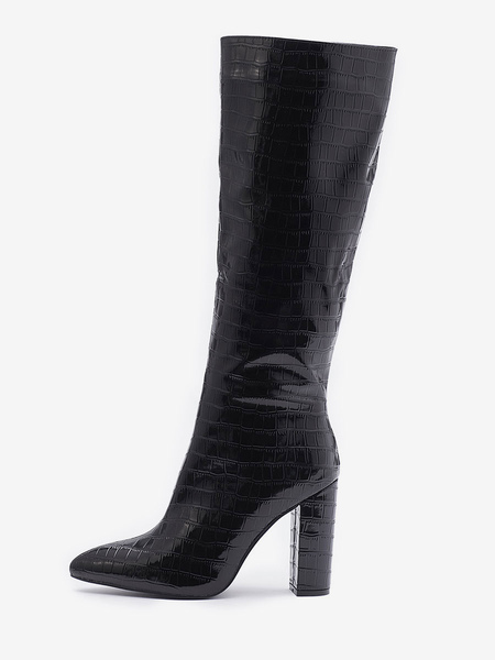 Image of Stivali al ginocchio da donna con tacco grosso in rilievo coccodrillo