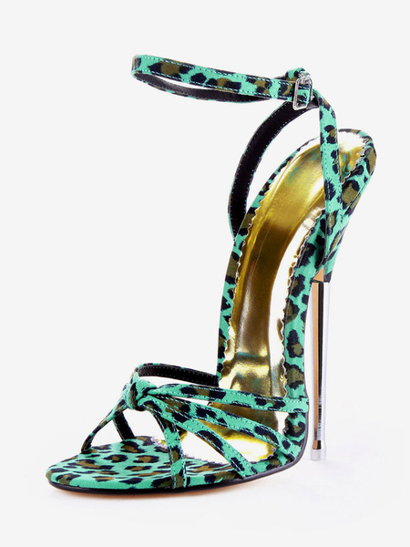 Image of Sandali sexy verdi con stampa di leopardo alla caviglia con tacchi sottili