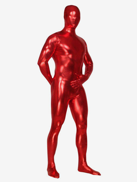 Image of Zentai metallizzato collant per adulti completo rosso tinta unito in gomma unisex Carnevale