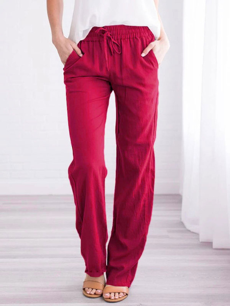 Image of Pantaloni di lino Vita elastica Tasche con lacci Pantaloni casual estivi larghi