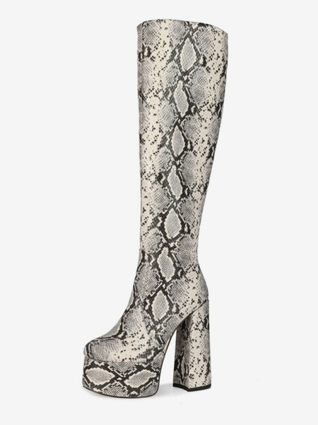 Image of Stivali al ginocchio Stivali al ginocchio da donna con punta tonda in pitone con stampa serpente