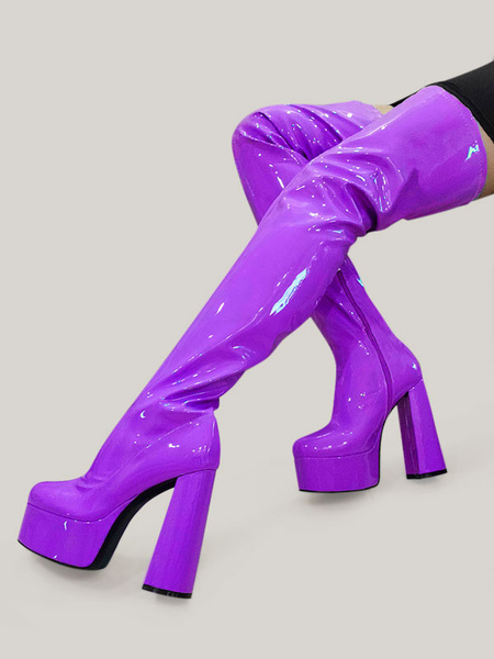 cuissardes violettes sexy à plateforme et talon bloc au dessus du genou