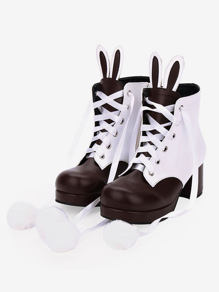 Image of Stivali classici Lolita Bunny Ear Pom Pom Two Tone Chunky Tacco alto Lolita Shoes