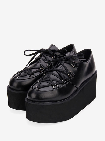 Image of Gothic Lolita Shoes Nero Flatform Lace Up Round Toe in pelle Lolita pompe