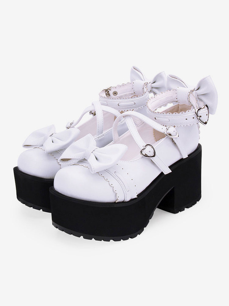 Image of Sweet Lolita Shoes Bows Piattaforma in pelle Décolleté Lolita con tacco grosso