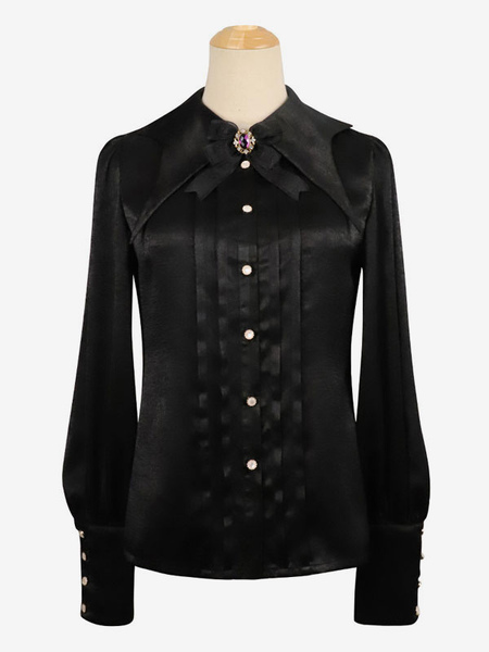 Image of Camicetta gotica a maniche lunghe a maniche lunghe Lolita Turndown Collar Black Lolita Camicia
