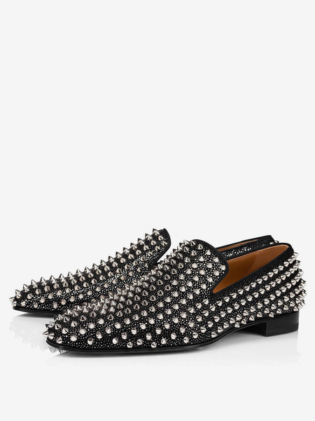 milanoo.com Men\\'s Black Dress Loafer Shoes Rivets Slip-On Loafers