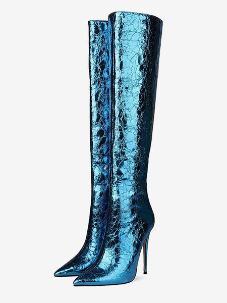 Image of Stivali al ginocchio da donna Stivali da donna con tacco alto da night club con tacco a spillo blu abbagliante