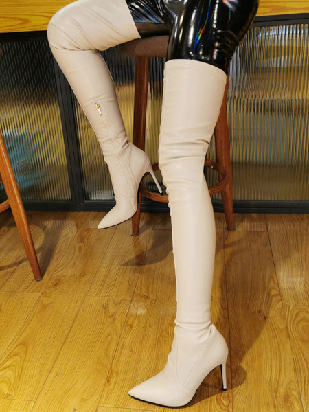 Image of Stivali sexy con tacco alto Plus Size Punta a punta Slip-On Tacco a spillo Stivali alti sopra il ginocchio avorio