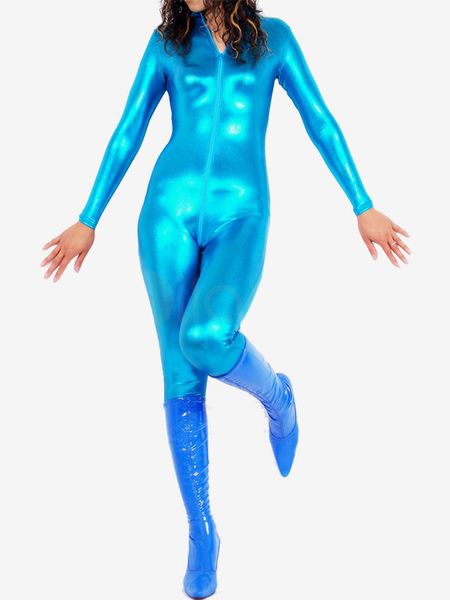 Image of Carnevale Lago blu lucido metallico frontale aperto Catsuit Unisex Halloween