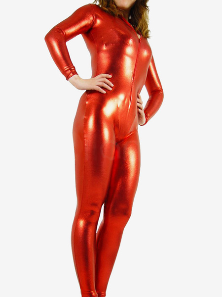 Image of Carnevale Red Metallic Shiny Catsuit Unisex anteriore aperta Halloween
