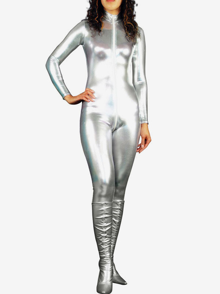 Image of Carnevale Abbigliamento metallizzato per adulti tinta unita argenta senza piedini calzamaglia in gomma per donne Halloween