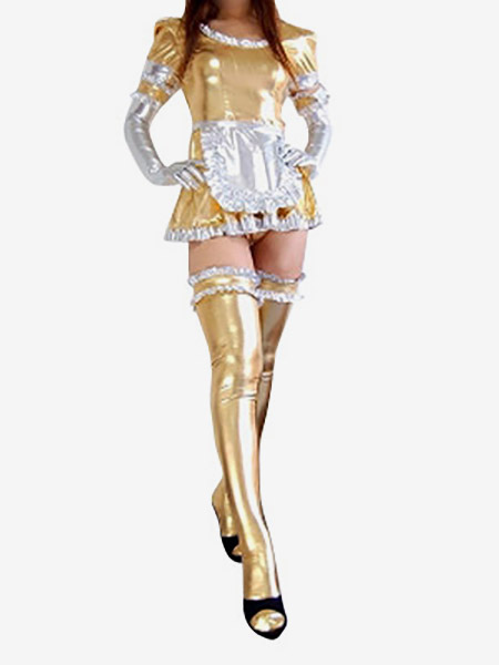 Image of Carnevale Abbigliamento metallizzato bicolore senza piedini da cameriera in gomma metallizzata per donne Halloween
