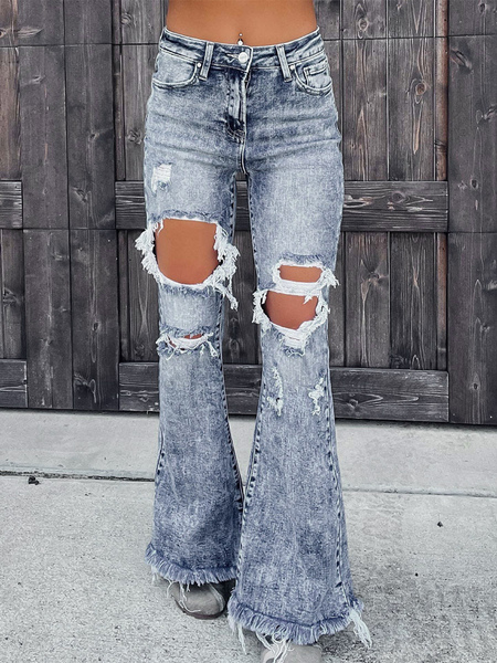 Image of Jeans bootcut da donna Pantaloni con bordo grezzo in cotone strappato 2024