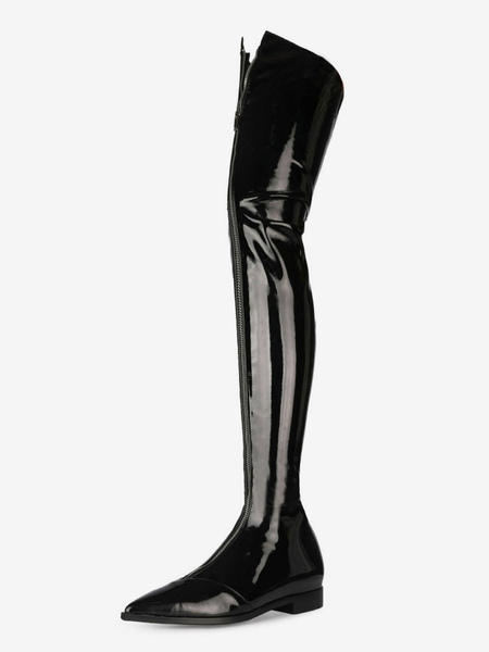 Image of Stivali sopra il ginocchio Stivali a punta neri in pelle lucida con cerniera anteriore Stivali invernali da donna