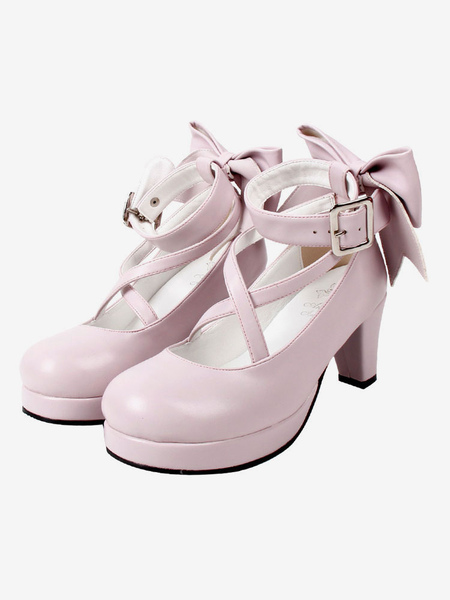 Image of Sweet Lolita Shoes Platform Heels Bow Round Toe Cross Front Lolita Décolleté