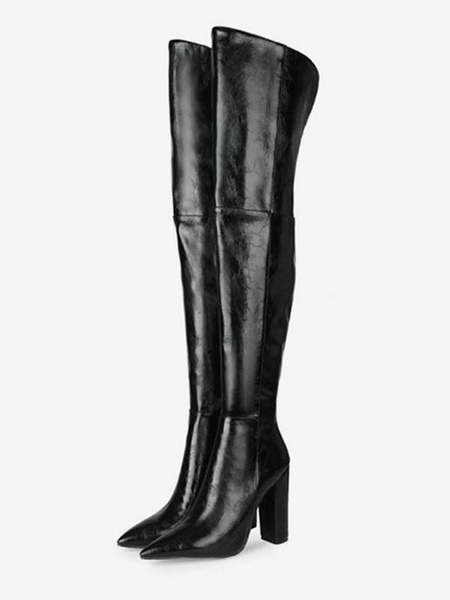 Image of Stivali alti da donna Stivali neri con tacco grosso in pelle PU con punta a punta