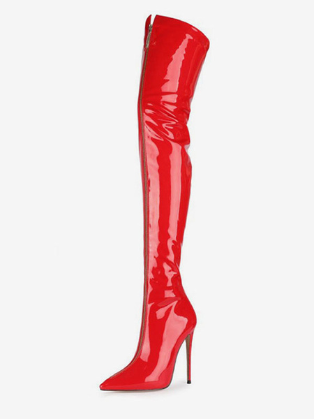 Image of Stivali sopra il ginocchio Stivali alti alla coscia con tacco alto in pelle rossa con zip a punta rossa