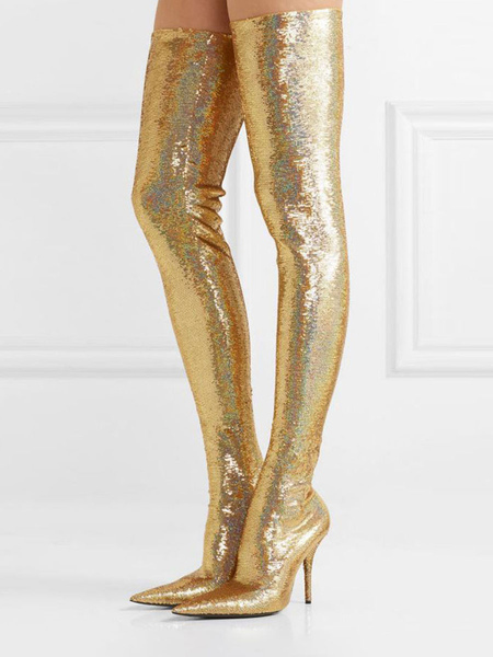 Image of Stivali alti alla coscia da donna Stivali invernali da donna in pelle lucida con punta a punta in oro chiaro