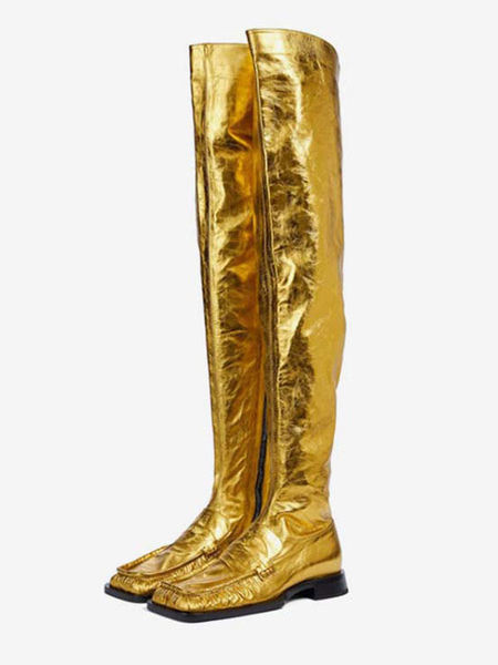 Image of Stivali piatti da donna Stivali sopra il ginocchio metallici con punta quadrata in oro