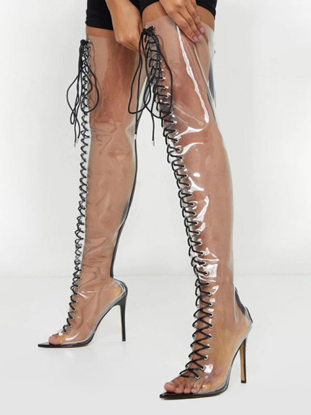 Image of Stivali alti alla coscia da donna Tacchi a spillo neri a punta in PVC con tomaia