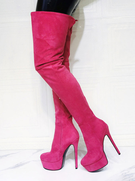 Image of Stivali sopra il ginocchio da donna Tacco a spillo taglie forti Stivali alti alla coscia in micro pelle scamosciata con tomaia rosa rossa