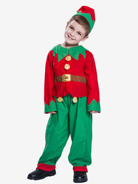 Image of Carnevale Costume da elfo di Natale Ragazzi Bambini Pantaloni a maniche lunghe Top Hat Set 3 pezzi Costume Halloween