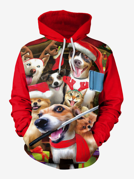 sweat à capuche rouge de noël extensible costumes de vacances occasionnels imprimé chien et chat
