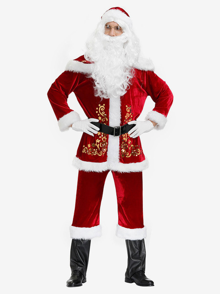 Image of Costume natalizio da uomo Set completo Cappello in fibra di poliestere bordeaux Guanti con fusciacca Poliestere Color Block Costumi per le vacanze di Natale