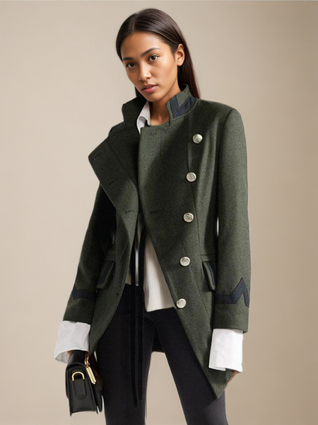 manteau veste blazer femme hiver vert foncé bimatière avec les boutons métals avec les poches à col montant manteau hiver femme