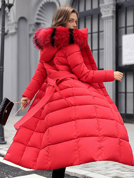 milanoo.com Women Puffer Coat Removable Faux Fur Collar Hooded Coat Longline Winter Coat