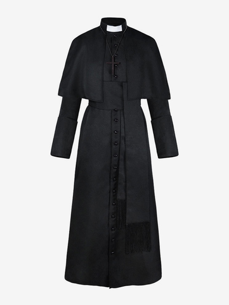 Image of Costume da prete vintage nero soprabito retrò in tinta unita Costume da prete medievale retrò soprabito